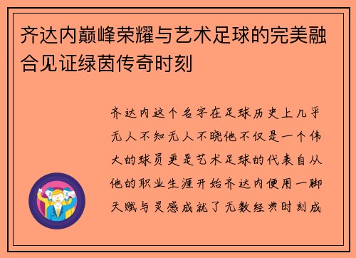 齐达内巅峰荣耀与艺术足球的完美融合见证绿茵传奇时刻