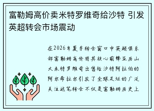 富勒姆高价卖米特罗维奇给沙特 引发英超转会市场震动 富勒姆高价卖米特罗维奇给沙特 引发英超转会市场震动