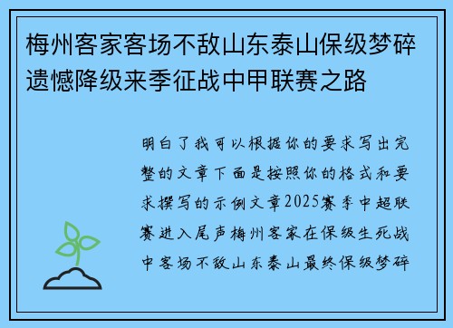 梅州客家客场不敌山东泰山保级梦碎遗憾降级来季征战中甲联赛之路 梅州客家客场不敌山东泰山保级梦碎遗憾降级来季征战中甲联赛之路