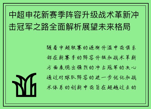 中超申花新赛季阵容升级战术革新冲击冠军之路全面解析展望未来格局 中超申花新赛季阵容升级战术革新冲击冠军之路全面解析展望未来格局